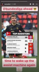穆勒社媒晒德甲助攻榜并配文:是时候唤醒助攻机器了
